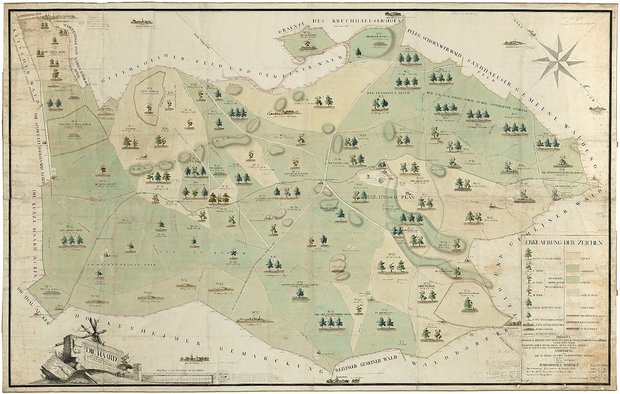 Historische Karte der Schwetzinger Hardt, vergilbtes Papier und blasse Farben.